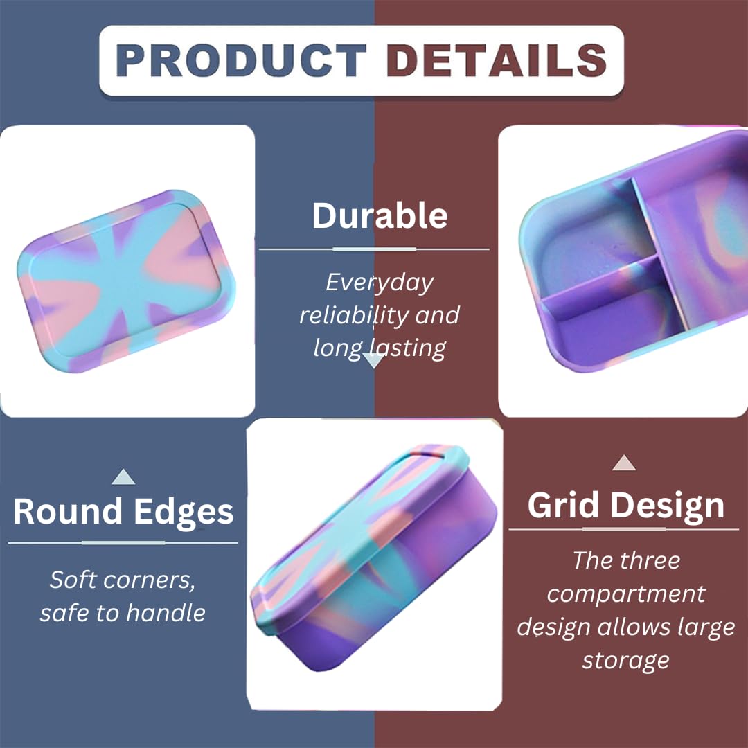 PACKED JOY Silicone Lunch Box for Adults & Kids, 40oz Bento Box | 3 Compartments, Leak-Proof Design, 100% Food-Grade Silicone | Microwavable & Portable For All Occasions (5.7x8.5in) (Purple)