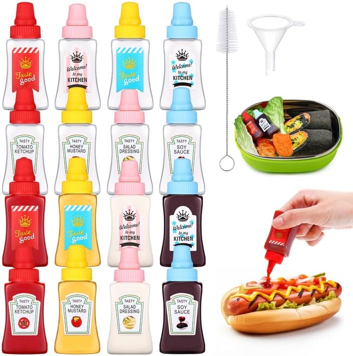 16 25ml pcs Mini Ketchup Bottles Plastic Portable Condiment Squeeze Bottles for Kids Adults Office Lunchbox Picnic Oil