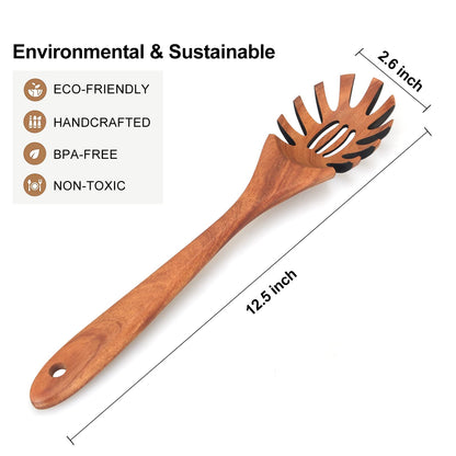 Wooden Pasta Spoon with Teeth Spaghetti Fork Tongs 12.5 Inch Pasta Forks Serving Utensils Acacia Wood Spaghetti Server Spoons Ladle Pastas Spatula Kitchen Tool Spaghettis Scoop Strainer Noodle Spoon