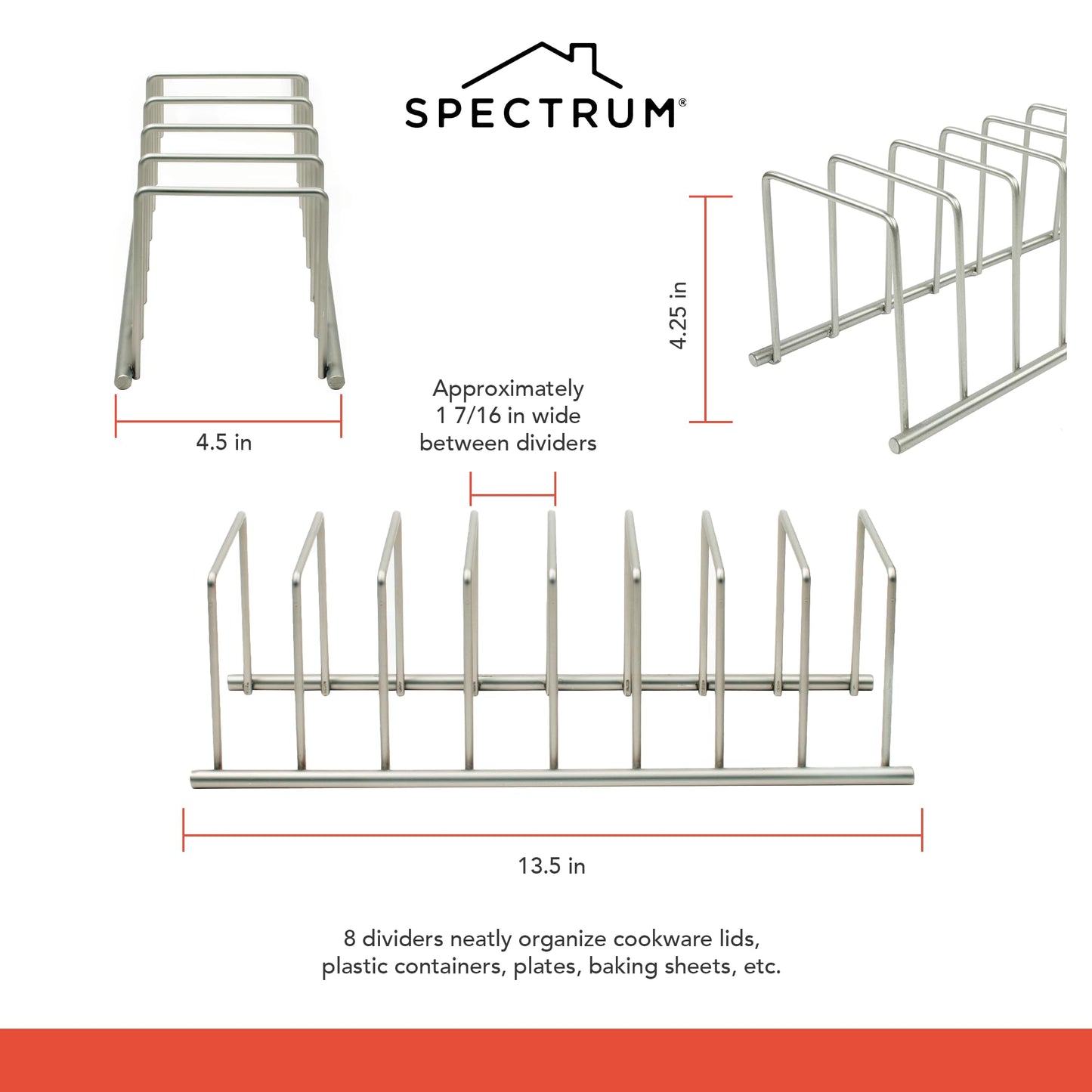 Spectrum Euro Kitchen Organizer Metal Dish Rack Cutting Board Holder Stand for Countertop or Inside Cabinet Organization, 8 Slot Cutting Board Plate Drying Rack for Bakeware Storage, Satin Nickel