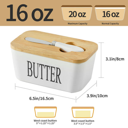 Butter Dish with Lid - Hasense White Ceramic Butter Dish with Airtight Cover and Knife for Countertop, Large Butter Holder Keeper Container with Silicone Sealing Ring for West East Coast