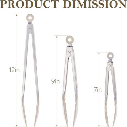 CAROTE Kitchen Tongs Set - Heat Resistant Stainless Steel with Non-Scratch Silicone Tips | 3 Sizes (7", 9", 12")