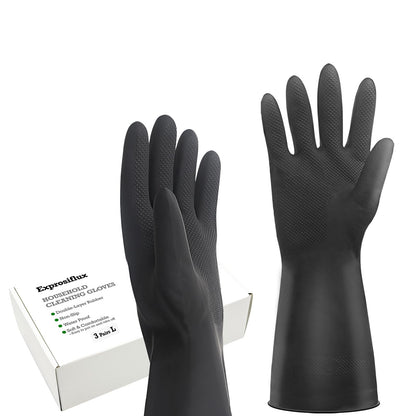 Exprosiflux Thick Rubber Cleaning Gloves - 3 Pairs Black Rubber Gloves for Dishwashing Large, Non-Slip Kitchen Gloves for Washing Dishes, Reusable Cleaning Gloves, Waterproof, Heavy-Duty (3P,L)