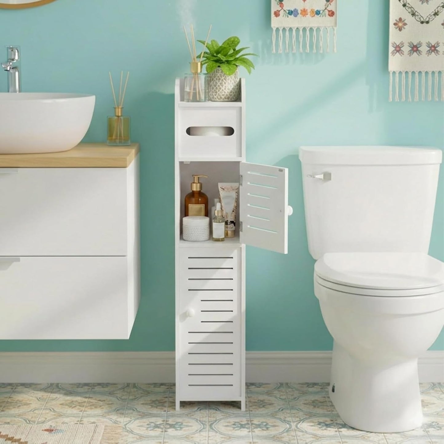 ShellKingdom Toilet Paper Holder Stand, Small Bathroom Storage Cabinet with Doors and Shelves, Slim Storage Cabinet