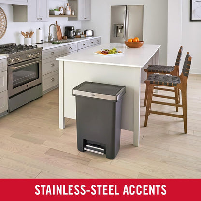 Rubbermaid Premier High-Capacity Step-On Trash Can, 19 Gallon, Single or Dual Stream Trash or Recycling, Charcoal, Stainless-Steel Rim, Lid Lock, Quiet Lid, for Home/Kitchen/Garage/Apartment
