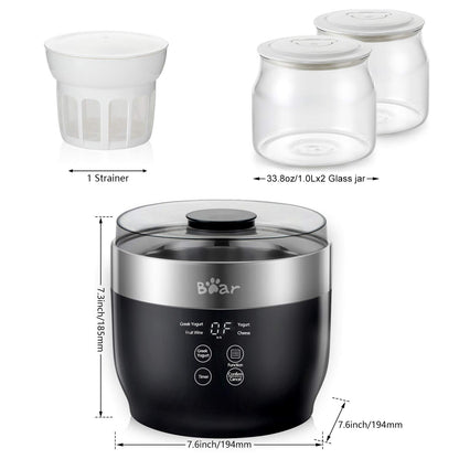 Bear Yogurt Maker, Greek Yogurt Maker Machine with Strainer and Timer Control, Stainless Steel Inner Pot, Automatic Digital with 2 Glass Jars 1 Quart for Home Organic Yogurt, Cheese, Fruit Wine