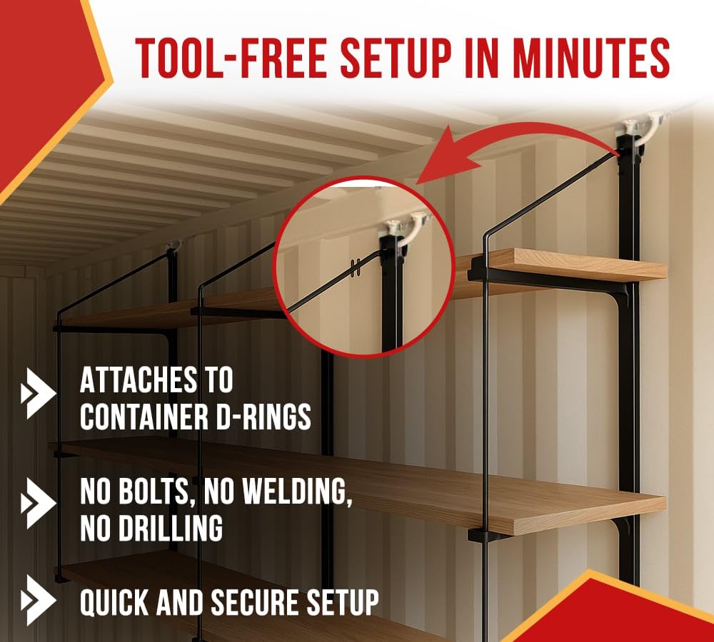 Mytee Products 4 Pack of 3 Tier Shipping Container Shelving Bracket with 18"(D) x 60"(H) - Black Powder Coated Steel Shelf Brackets for Heavy Duty Trailer Containers - Easy to Assemble & Remove