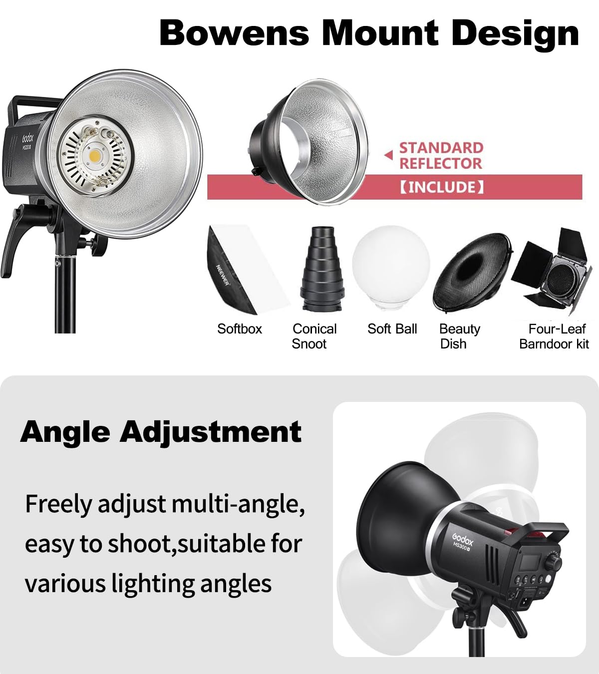 GODOX MS300V Studio Flash Photography Light Kit,2.4G 300W Bowens Mount Strobe Flash Lighting Kit with Light Stand,Softbox,Umbrella Reflector,GN58 Studio Lighting for Portrait Product Photography
