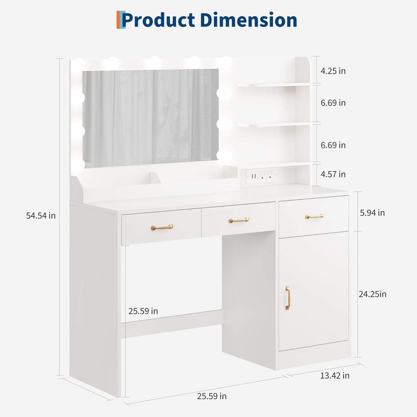 GarveeHome Vanity Desk with Mirror and Lights, Makeup Vanity with Power Outlet & 11 LED Bulbs, White Dressing Table with 3 Drawers and Storage Shelves, Modern Makeup Table for Bedroom, Standalone