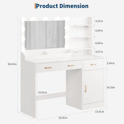 GarveeHome Vanity Desk with Mirror and Lights, Makeup Vanity with Power Outlet & 11 LED Bulbs, White Dressing Table with 3 Drawers and Storage Shelves, Modern Makeup Table for Bedroom, Standalone