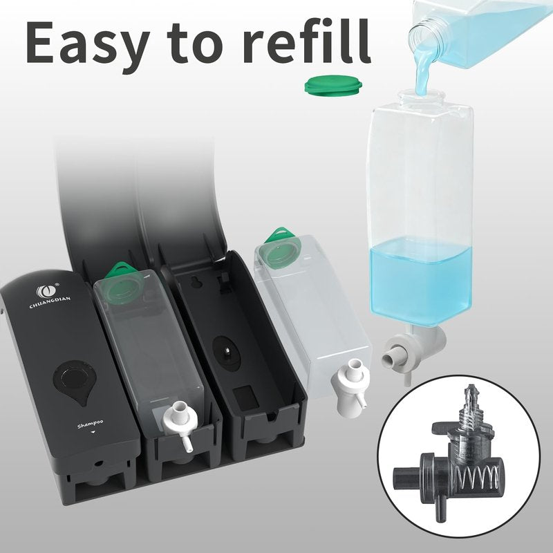 CCITOW Shampoo Conditioner Body Wash Dispenser, Wall-Mounted Bathroom Soap Dispenser Set of 3 (Black), Refillable Shower Soap Shampoo Dispenser for Bathroom,Kitchen,Hotel and Airbnb