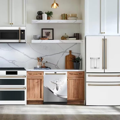 Dishwasher Magnet Cover Kitchen Decor, Silver Stainless Steel Bee Pattern Vinyl Decal, 23 W x 26 H