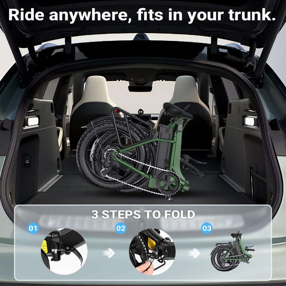 GOKEEP Electric Bike for Adults, Peak 1300W Motor, 75 Miles PAS Range, 52V 13Ah Removable Lithium Battery, Foldable Electric Bicycle, 20MPH 7-Speed Commuter Ebike, Max 330LBS, UL2849 Certified, Green