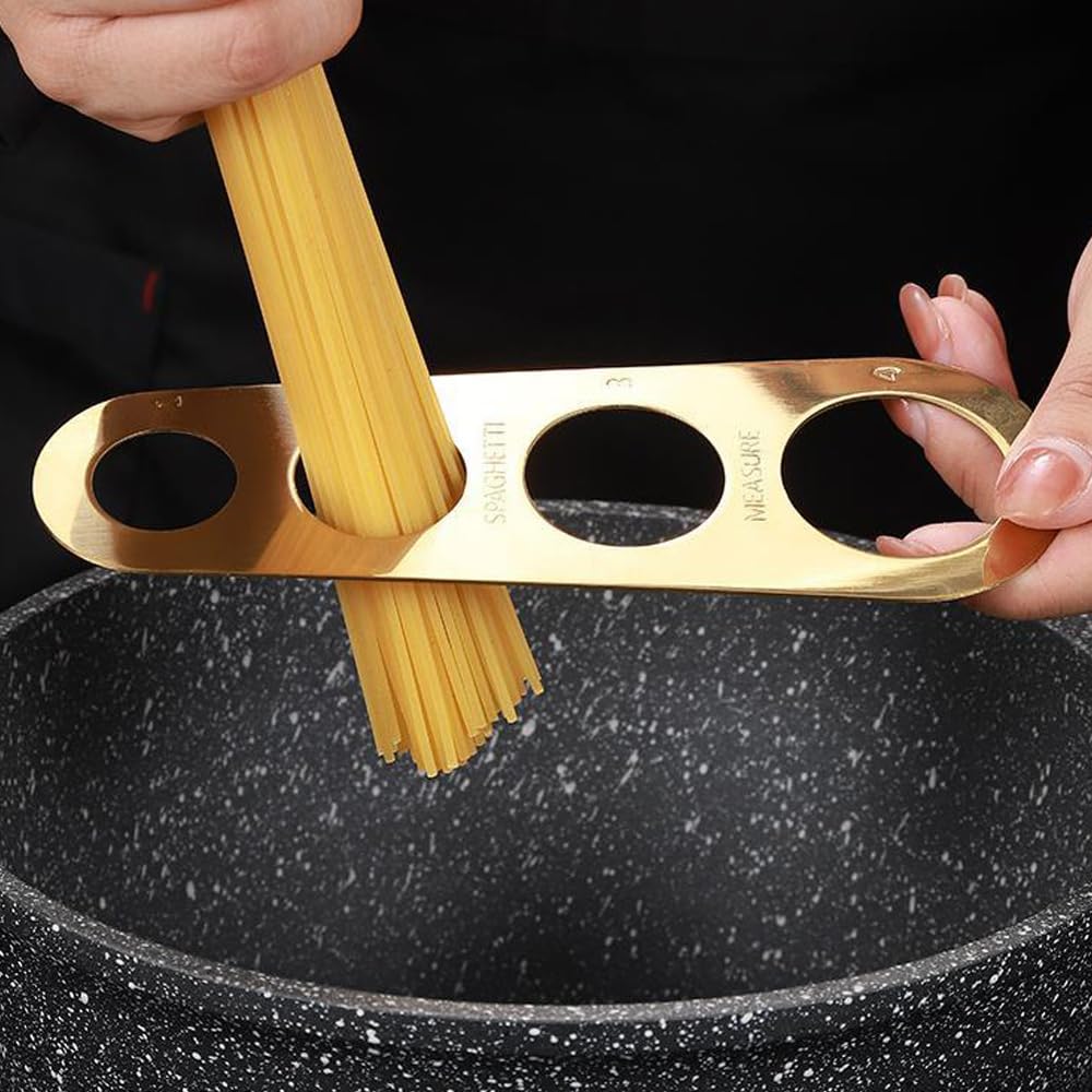 Gold Stainless Steel Spaghetti Server Set, Spaghetti spoon with teeth,12'' Pasta Tong and 13.6'' Pasta spoon,4-Hole Stainless Steel Spaghetti Measure Tool. for Noodles Pasta Serving Gadgets(3 Pieces)