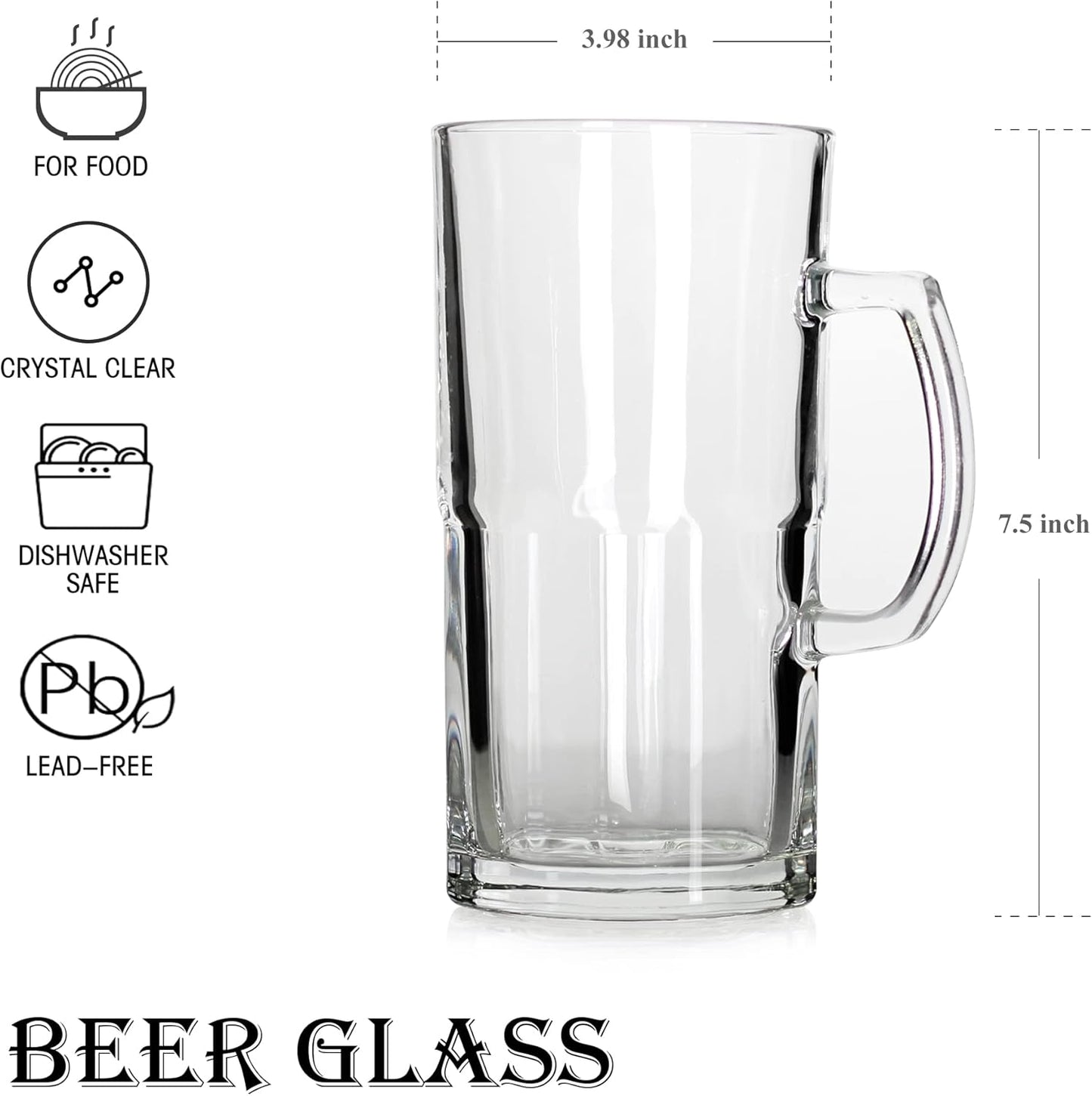 BaveL Style Extra Large Beer Mug, 34 Ounce Glass Mug with Handle, One Liter German Beer Stein
