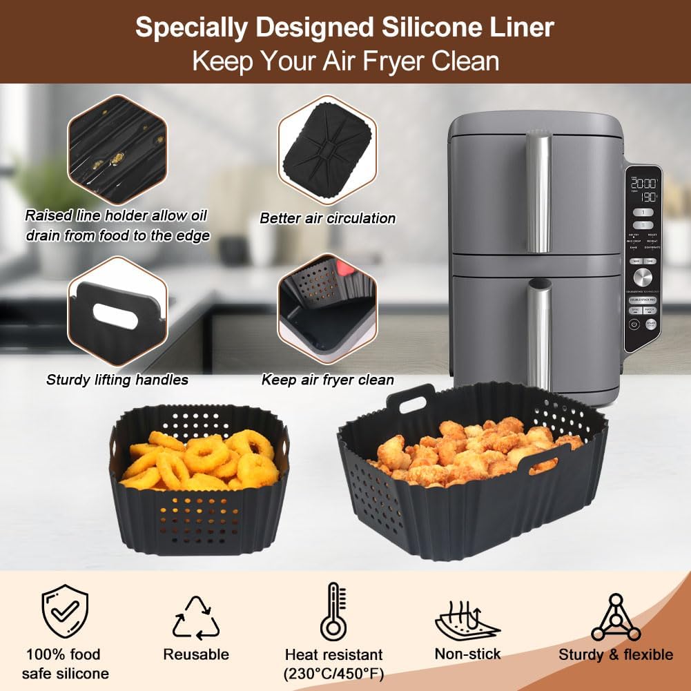 BYKITCHEN Air Fryer Silicone Liners for Ninja SL401 Double Stack, Reusable Rectangle Perforated Accessories