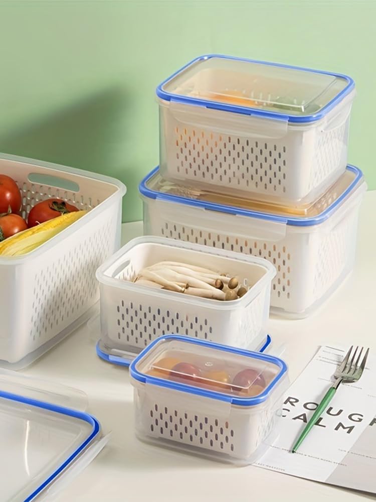 iayokocc 2 Pack Fruit Storage Containers for Fridge, Stackable Food Storage Containers with Removable Colander, Refrigerator Organizer with Drain Baskets Lids- Keeping Food Fresh Longer