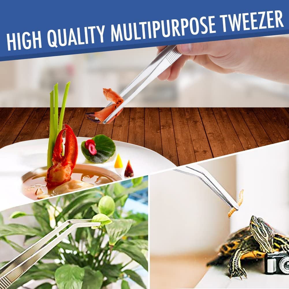 2 Pcs Straight and Curved Tip Tweezers 12 Inch, Stainless Steel Precision Tweezers Set with Serrated Tips Comfortable Ridged Handle, Tweezer Tongs for Cooking Repairing