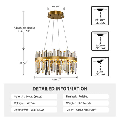 Gold Led Modern Crystal Chandelier: 19.7" Round Contemporary 3 Color Dimmable Dining Room Light Fixture over Table - Smoke Grey & Clear Crystals Chandeliers for Bedroom Living Kitchen Entryway Foyer