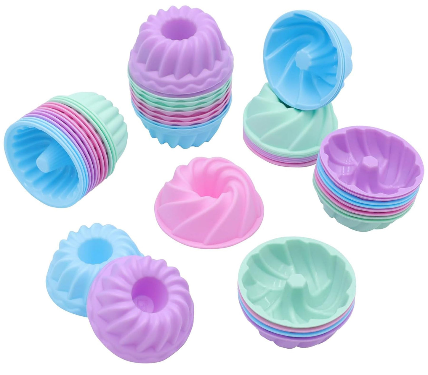 Tongjude 48 Pieces Donut Mold, 2.75" Diameter 0.98" Deep Mini Reusable Baking Cups, Non-Stick, 4 Shape Silicone Molds, Heat Resistant Bakeware for Bagel, Muffin, Jello and Cake Baking