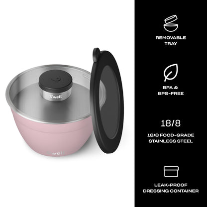S’well Stainless Steel 64oz Salad Bowl Kit, Pink Topaz Color, Comes with 2oz Mini Canister and Removable Tray for Organization, Leakproof and Dishwasher Safe
