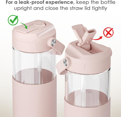 20oz SANDJEST Glass Water Bottle with Silicone Sleeve and Straw Lid for Girls Women, Glass Drinking Bottles for Travel