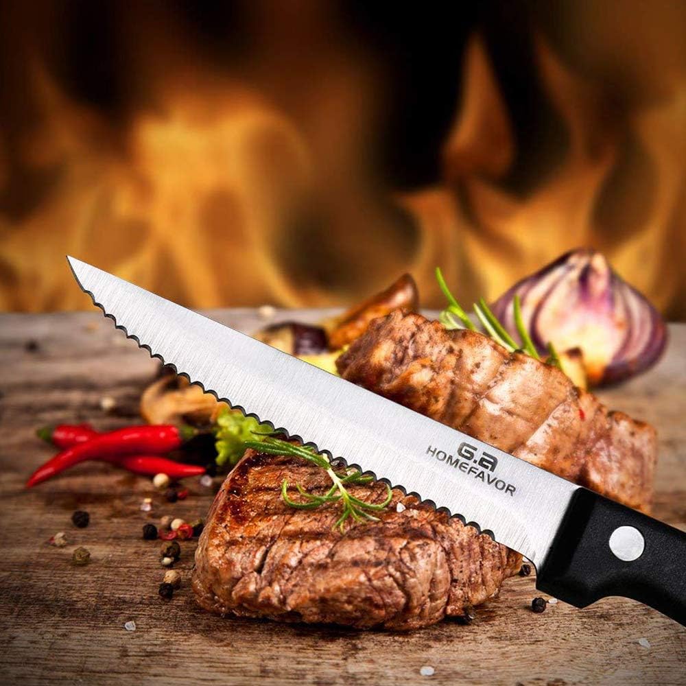 G.a HOMEFAVOR Steak Knife Set - 8 Pieces Full Tang Sharp Serrated Knives Cutlery Set, Stainless Steel, Black