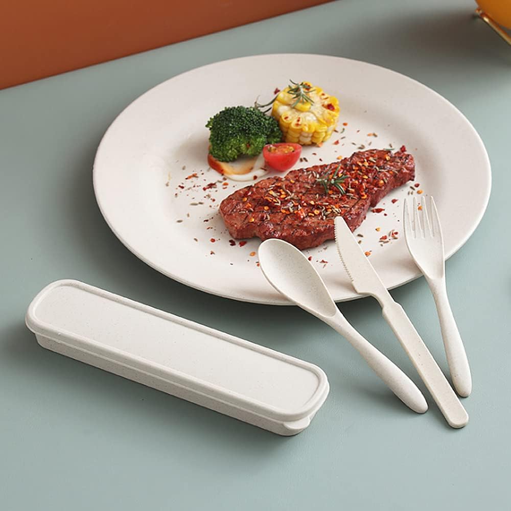 M&F 4 Pack Portable Utensils Set with Case, Reusable Wheat Straw Cutlery Set for Travel, Fork Spoon Cutter for Kids