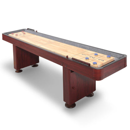 Challenger Shuffleboard Table with Dark Cherry Finish, Hardwood Playfield, Storage Cabinets, Climate Adjusters, Leg Levelers, 8 Pucks, Brush and Wax