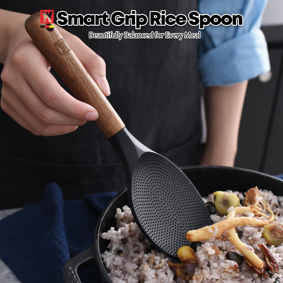 WAGENSTEIGER Silicone Rice Paddle with Wooden Handles: Non-Stick Rice Spoon, Mashed Potato Serving Spoon, Heat Resistant Cookware, Protects Surfaces with Gentle Head Design