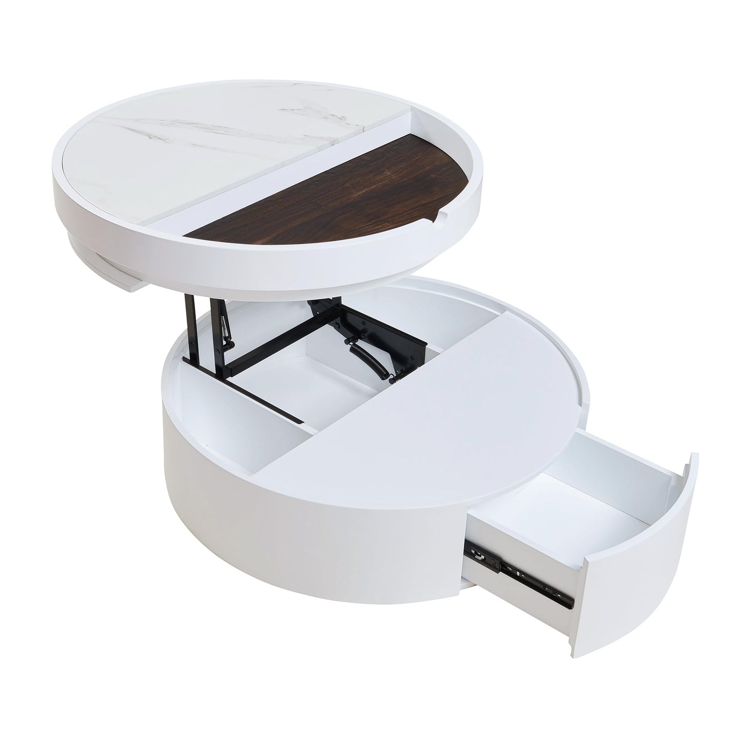 Merax 29.5" Lift-Top Round Coffee Table, with Hidden Storage & 1 Drawer, Marble and Wood Grain Dual-Tone Tabletop, Compact for Living Room Apartment, White