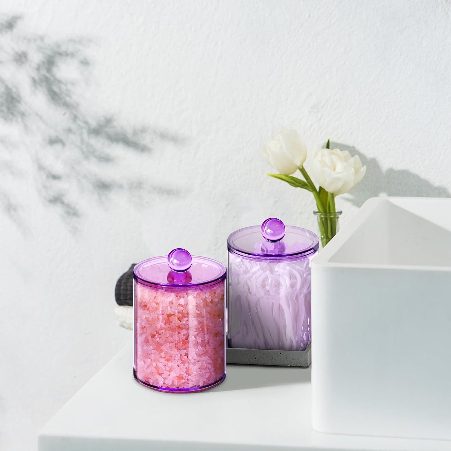 XIPENGKEJI Qtip Holder Set - Stylish Apothecary Jars for Cotton Swabs & Pads | 10oz-12oz Purple Canisters