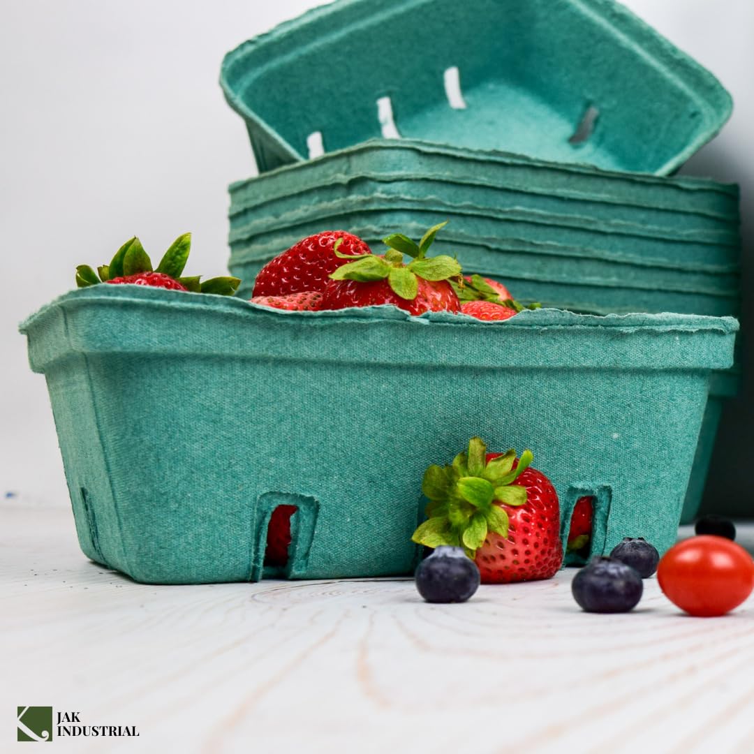 JAK Industrial 25 Pack Green Molded Pulp Fiber Berry/Produce 1.5 Quart Basket - Large Berry Basket
