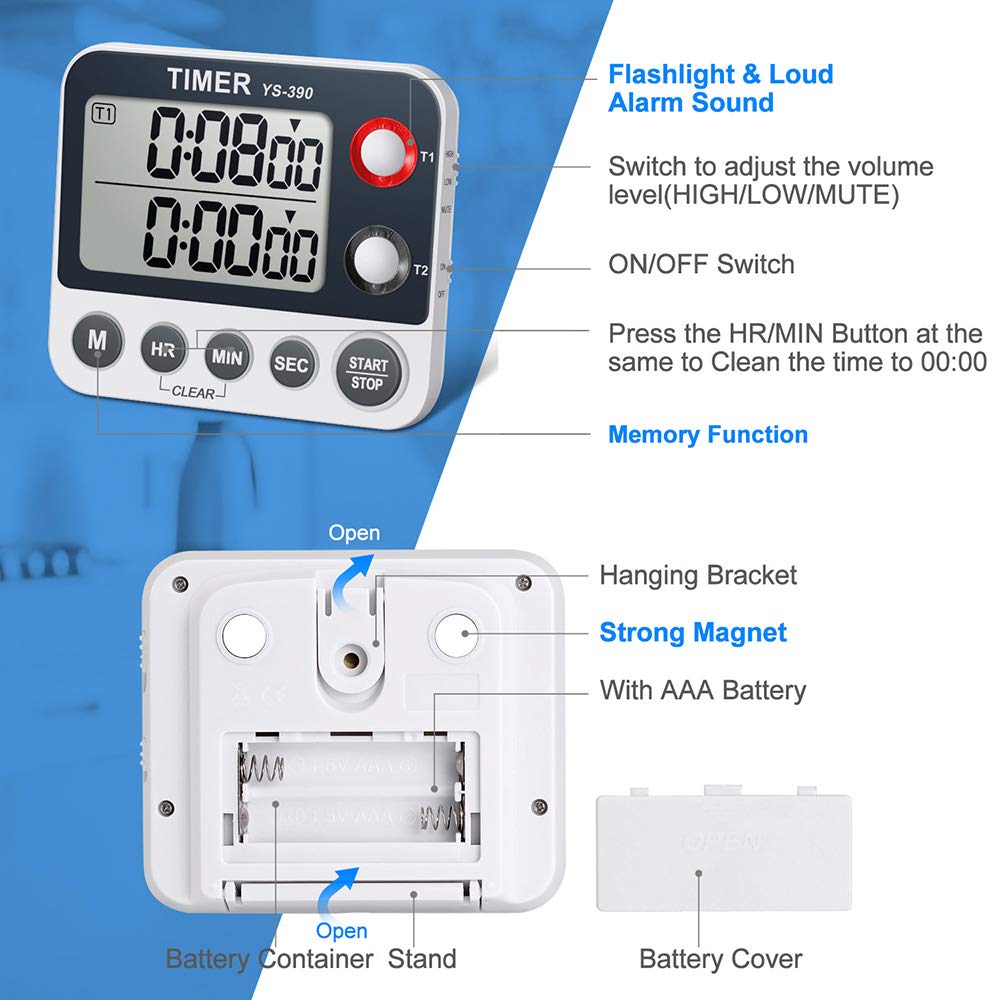 HomeMall Digital Kitchen Cooking Timer, Dual Count Up & Down with Magnetic Back, Large Display, Adjustable Volume and Flashing Alarm Light, ON/Off Switch Stopwatch, Battery Included
