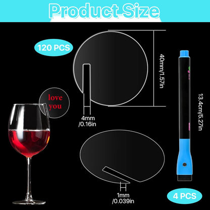 120 Pcs Acrylic Disc Drink Tags, Circle Cocktail Drinking Tags, DIY Wine Drink Names with 4 Highlighters