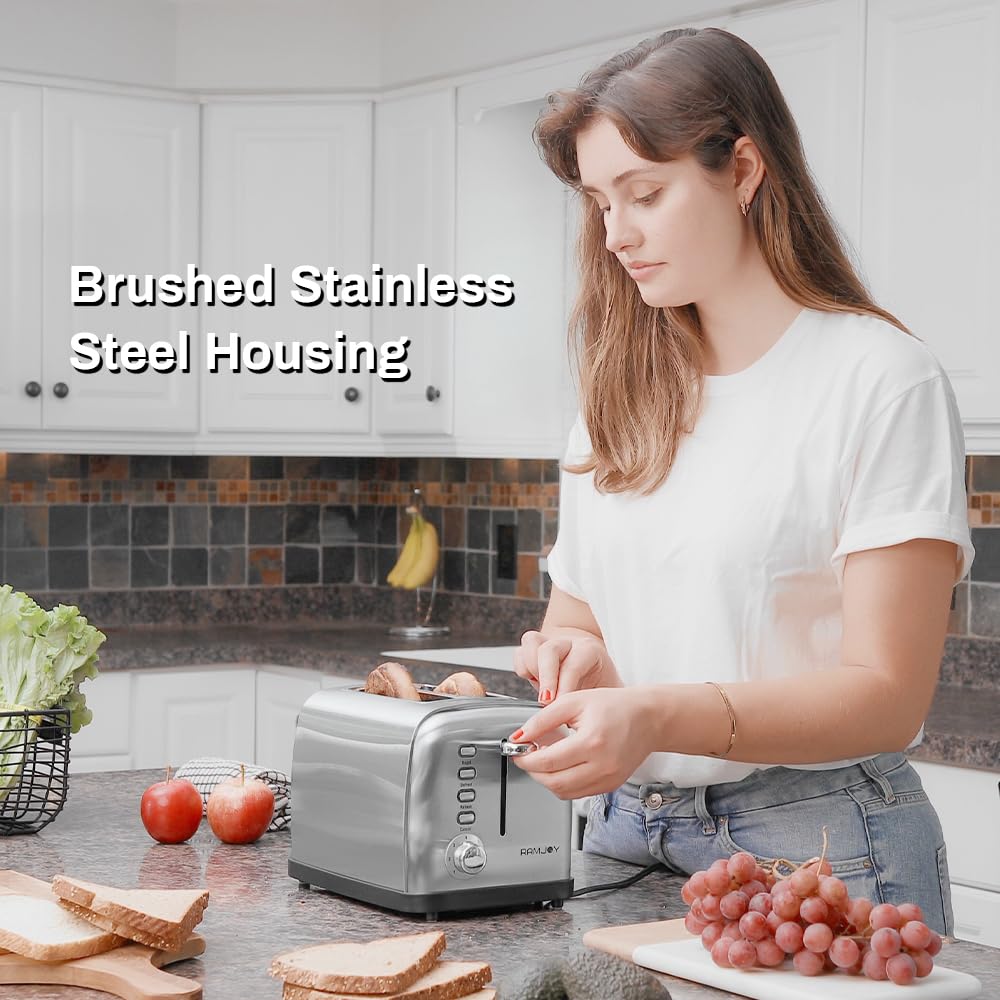 RAMJOY Toaster 2 Slice, Extra Wide Slot Toaster for Bagels, Bread, Waffles, 7 Shade Settings, 4 Main Functions, Removable Crumb Tray, 900 Watts Toasters, Brushed Stainless Steel