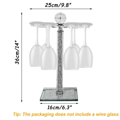 Crystal Wine Glass Holder, 14" H Silver Freestanding Wine Glass Rack Crushed Diamond Home Decor 6 Hook Countertop Stemware Rack Cup Drying Storage Holder Stand for Kitchen Dinning Table Bar (Silver)