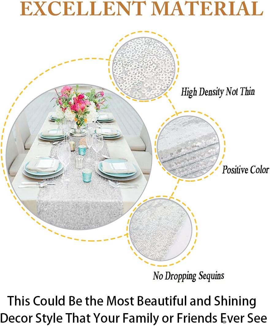 ShinyBeauty Silver Sequin Table Runner 12x108 Inch - Roll-Up Wedding Party Decor, Sparkling Holiday Tablecloth