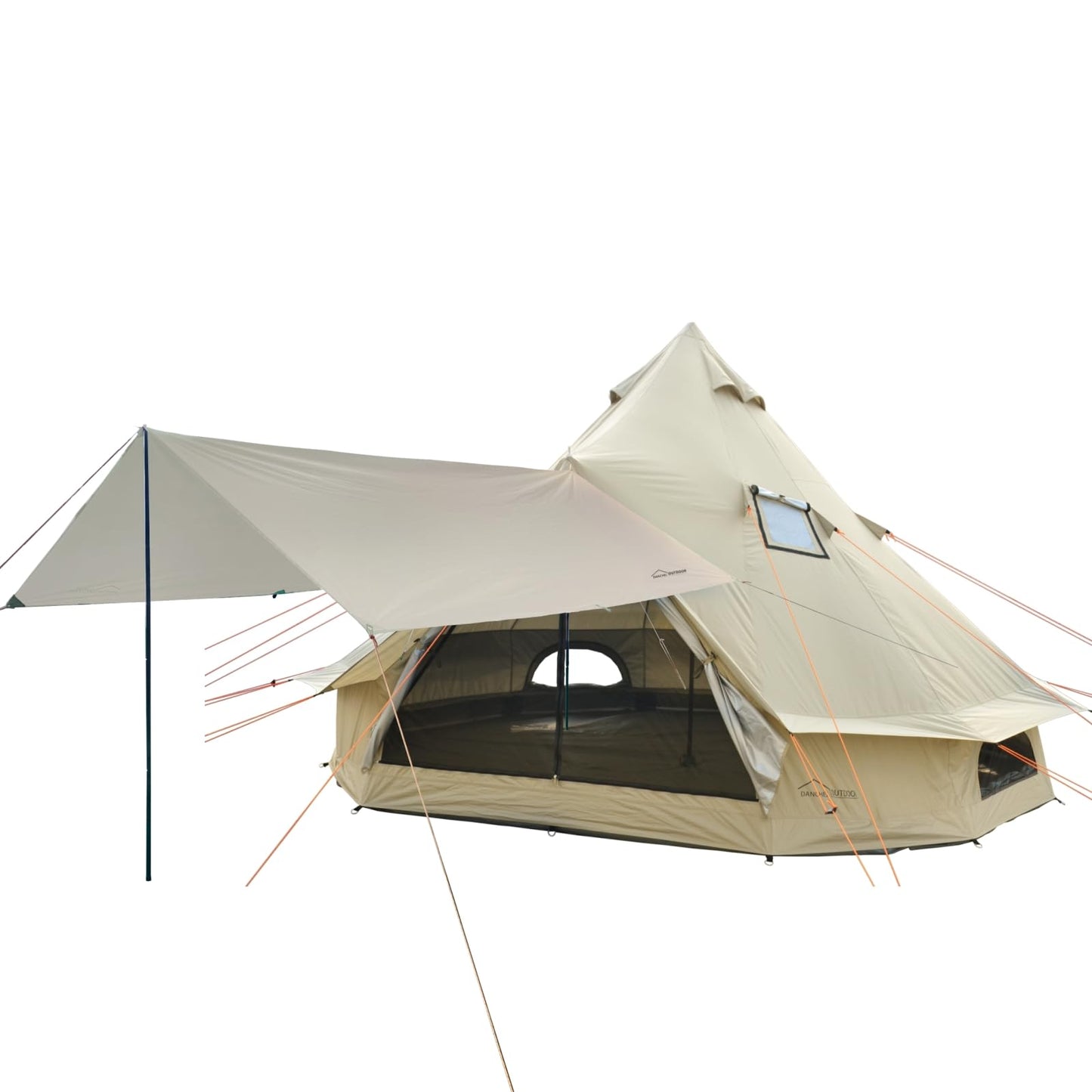 DANCHEL OUTDOOR B2 Portable Yurt with Sun Shelter for All Year Living, 4 Season Bell Tent 4 Person Family Camping Glamping Party 300D Oxford Khaki,4m/13ft