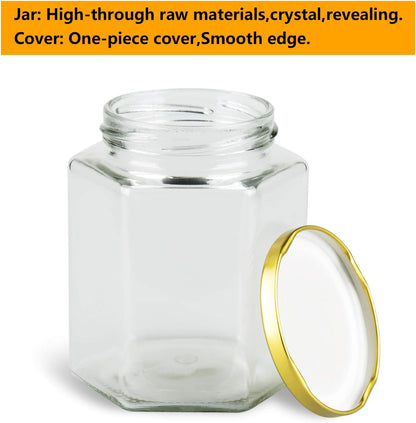 Encheng 16 oz Clear Hexagon Jars with Lids (Golden), Mason Jars for Honey, Foods, Jams, Liquid, Spice Jar, 12 Pack