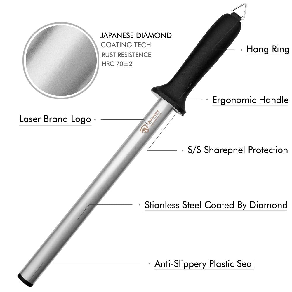 LEVINCHY Diamond Knife Sharpening Steel - 12 inch Professional Diamond Coated Honing Steel, Premium Knife Sharpener Rod for All Knives, Lightweight & Durable