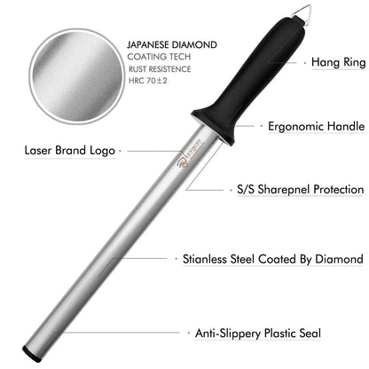 LEVINCHY Diamond Knife Sharpening Steel - 12 inch Professional Diamond Coated Honing Steel, Premium Knife Sharpener Rod for All Knives, Lightweight & Durable