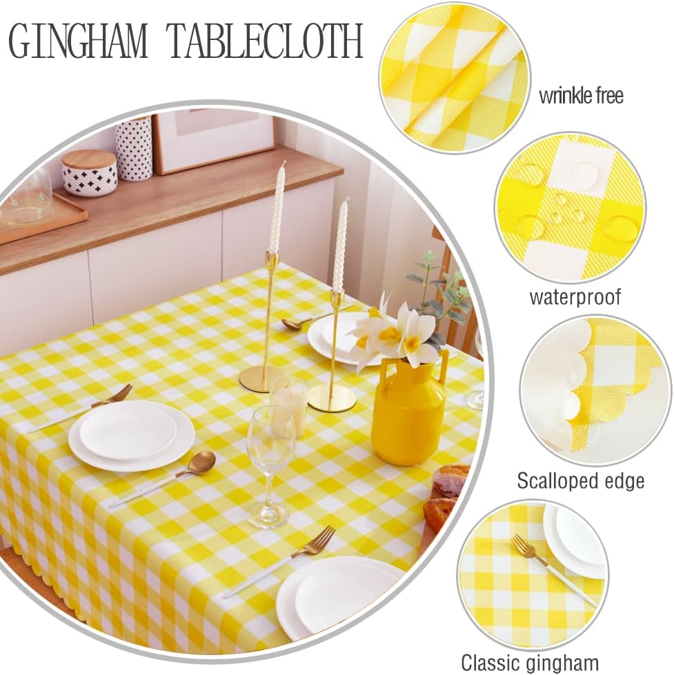 MANGATA CASA Yellow Gingham Tablecloth, Waterproof Checkered Table Cloth for Square Tables, Light Yellow 52x52in