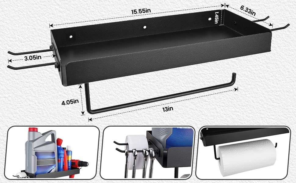 Tongyuyan 2 Garage Paper Towel Holder with Shelf & Detachable Hooks - Wall Mount Shop Towel Holder & Paper Towel Holder