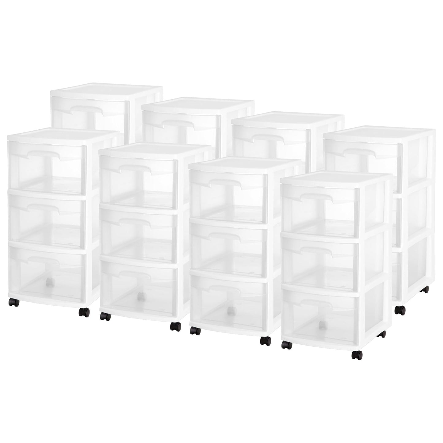 Sterilite 8 Pack Plastic Storage Organizer, 3 Drawer Rolling Bin Cart, Closet Organization, White