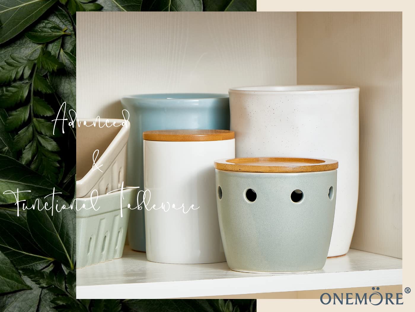 ONEMORE Large Garlic Keeper with Lid, Ceramic Garlic Saver 5 inch, Garlic Keeper for Counter, Light Green