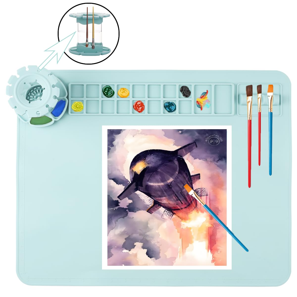 Patpot Silicone Craft Mat, 20"x 16"Painting mat Palette for Resin Casting Mold Mat, Nonstick Craft Sheet with Removable Cleaning Water Cup for Painting, Clay, Art, DIY Projects (Blue)