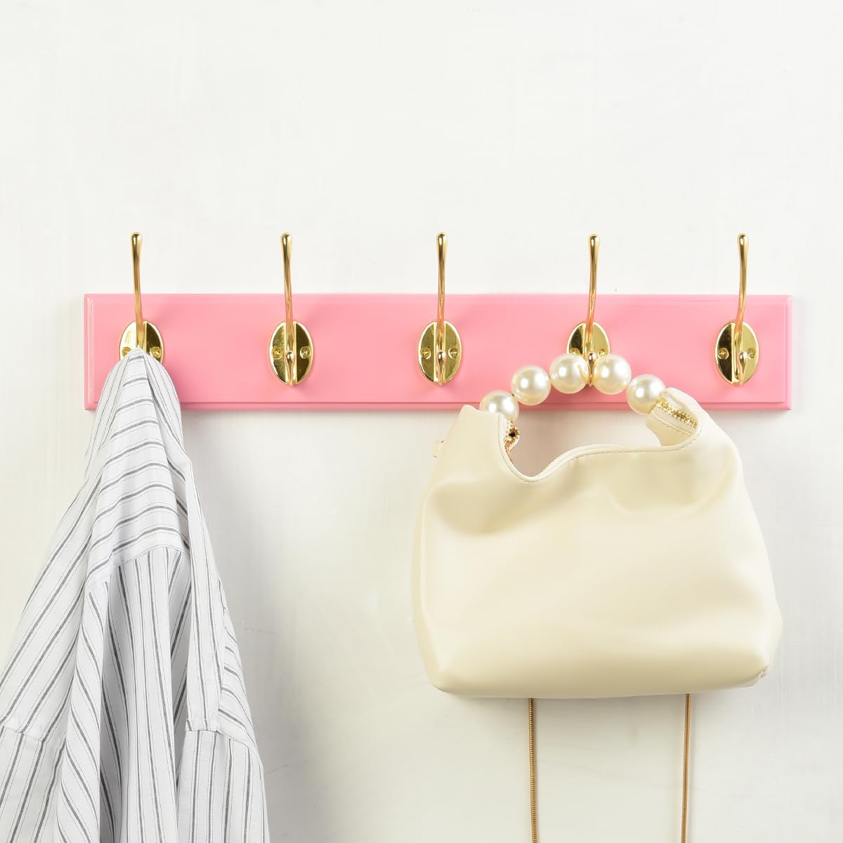 JYL HOME Wall Mount Bamboo Coat Rack, 17 Inch 5 Double Hooks, Pink and Gold