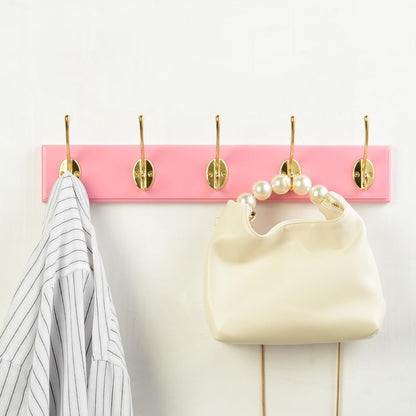 JYL HOME Wall Mount Bamboo Coat Rack, 17 Inch 5 Double Hooks, Pink and Gold