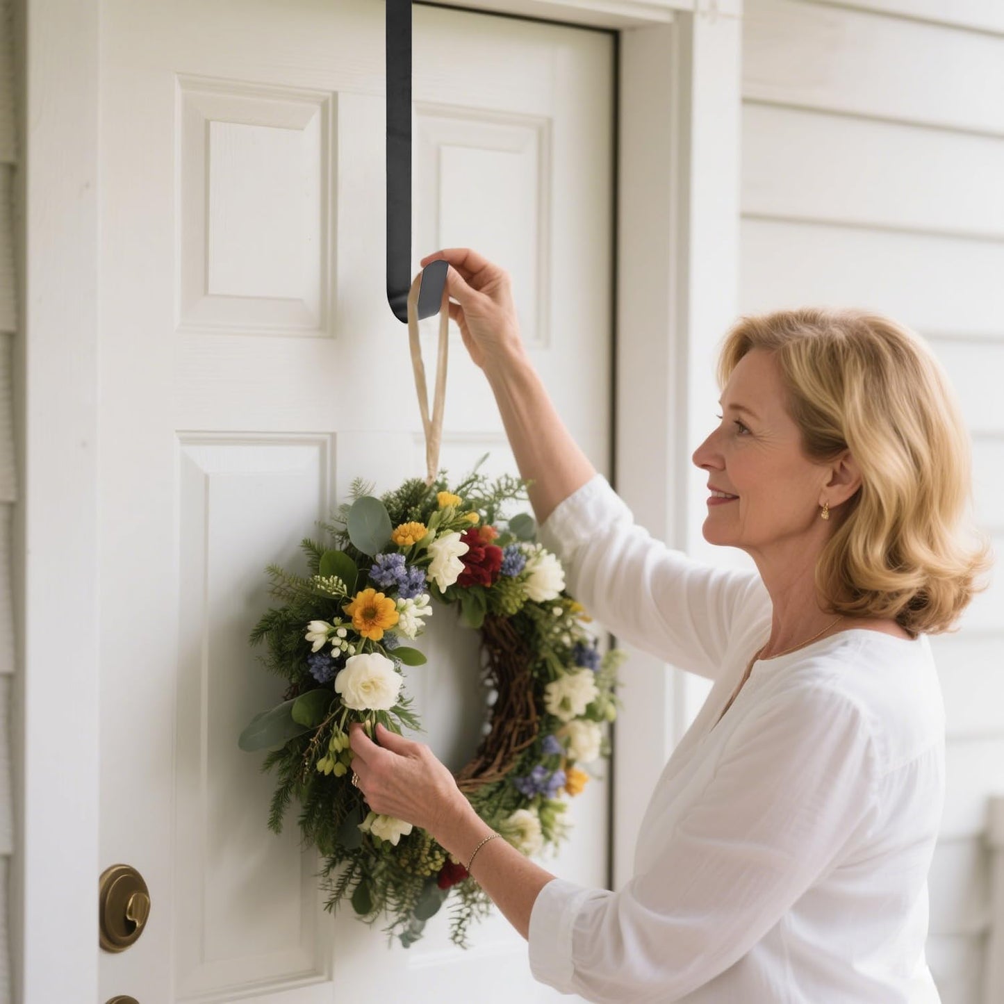 Sattiyrch 15" Sturdy Steel Wreath Hanger for Front Door, Over The Door Hook, 2 Pack (White)
